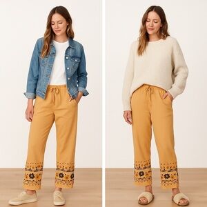 Driftwood Tan Floral Embroidered Lounge Pants | Boho Cotton Size Small